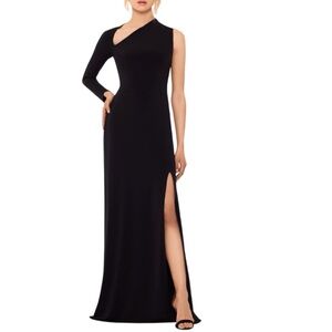 Betsy And Adam One Sleeve Gown Black Jersey Knit Asymmetric Neck Size 2